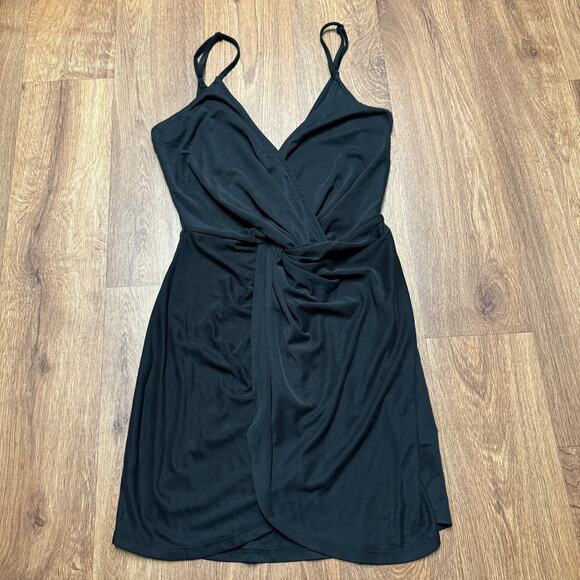 Tobi Black Slinky Mini Dress Sleeveless V Neck Sexy Wrap Knot Size Small - Picture 1 of 12